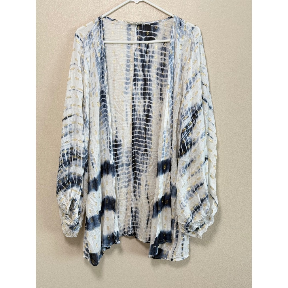 Anthropologie Tie Dye Kimono Cardigan Blue White Gold Lurex Clip Dot One Size